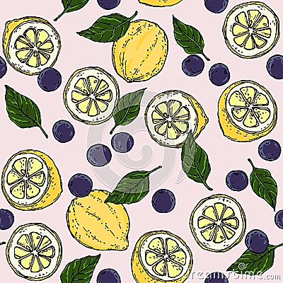 Lemon Blueberry and Basil Leaf Surface Pattern Fruity Background Illustration Vector. Vector Illustration