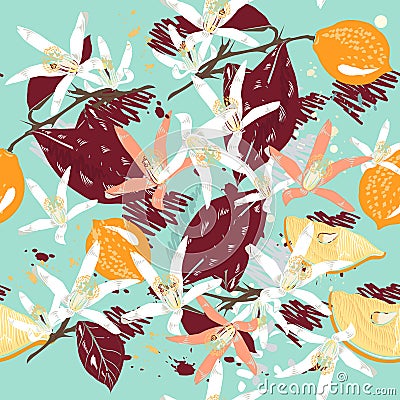 Lemon branches pattern, rustic illustration with blooming citrus Cartoon Illustration