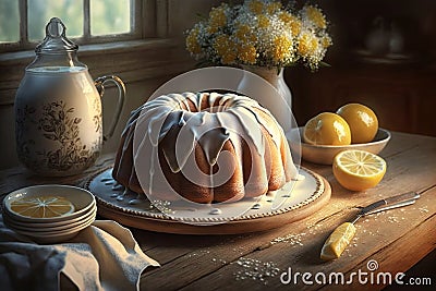 Lemon bundt cake on a wooden table with a cup of tea and lemons Stock Photo