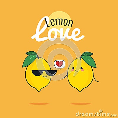 Lemon cartoon characters, Cute fruit couple, Vintage poster flat design with Vector illustration Cartoon Illustration