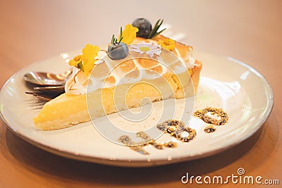 Lemon cheesecake one piece with message of H.B.D, Happy Birthday one year anniversary Stock Photo