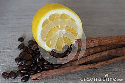 Lemon, coffee beans and cinnamon Stock Photo