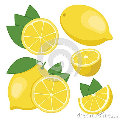 Lemon. Collection of whole and sliced lemon fruits. Vector illus Cartoon Illustration