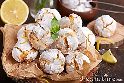 Lemon cookies with cracks. Delicious homemade dessert. Stock Photo