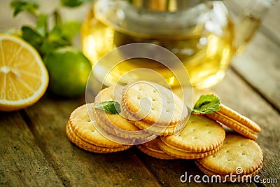Lemon cookies with tea and mint Stock Photo