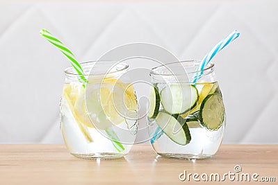 Lemon and cucumber drink. Fresh summer homemade lemonade. Stock Photo