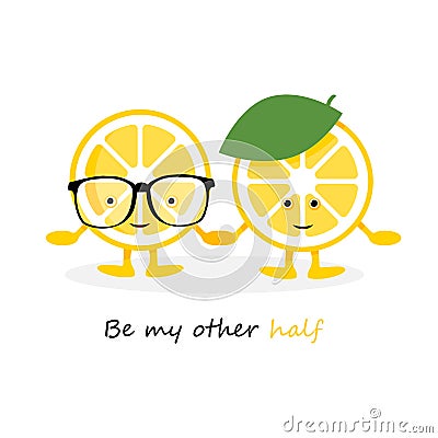 Lemon cute smile character. Cartoon yellow fruits in glasses card and hat, which hold hands card Vector Illustration