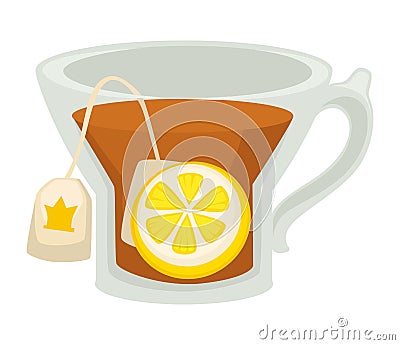 Lemon drink black tea pack in cup isolated hot beverage Vector Illustration