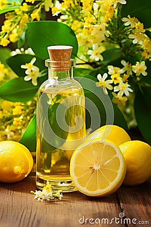 Lemon essential oil in a bottle. Generative AI, Stock Photo