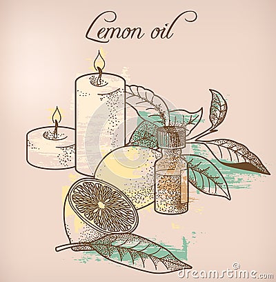 Lemon essential oil and candles Vector Illustration