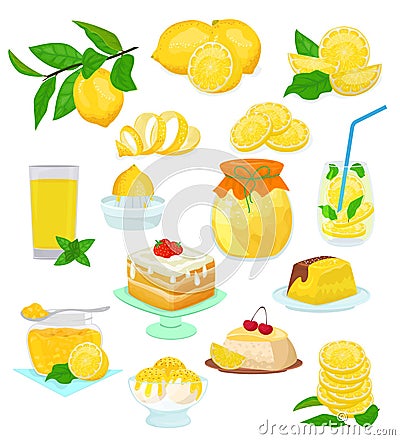 Lemon food vector lemony yellow citrus fruit and fresh lemonade or natural juice illustration set of lemon cake with jam Vector Illustration