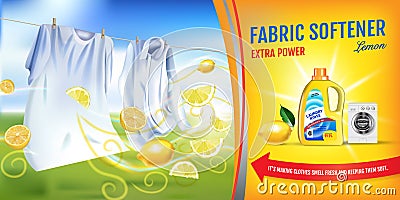 Lemon fragrance fabric softener gel ads. Vector realistic Illustration with laundry clothes and softener rinse container. Horizont Vector Illustration