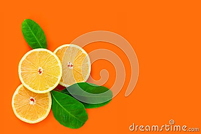 Lemon fruit, citrus minimal concept, vitamin C. Creative layout made of lemon and leaves, half of lemon, slide, piece Stock Photo