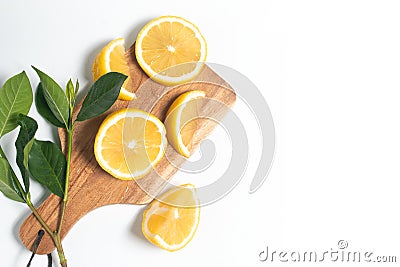lemon fruit food vegetable summer tropical juicy with green nature leaf and waterdrop fresh on chopping kitchen Stock Photo