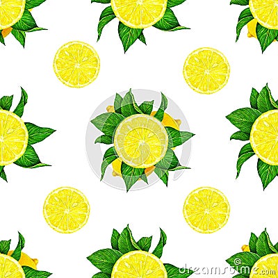 Lemon fruits with green leaves isolated on white background. Watercolor drawing seamless pattern for design. Stock Photo