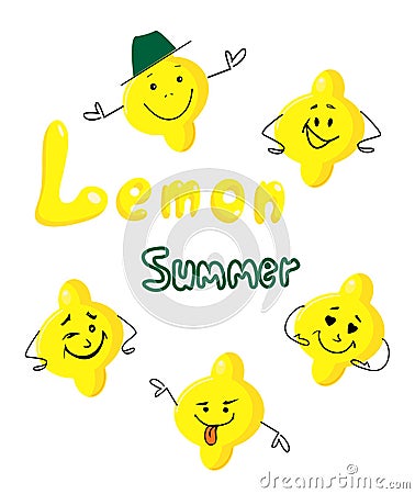 Lemon funny characters card . Fresh fruits emotions and various poses. Vector mascot yellow lemon with happy face. Illustration of Vector Illustration