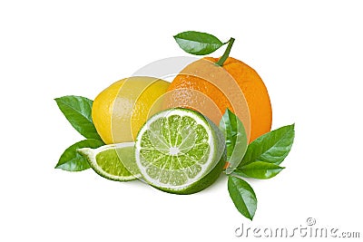 Lemon, green lime and orange isolated on white background.Citrus slices and leaves Stock Photo