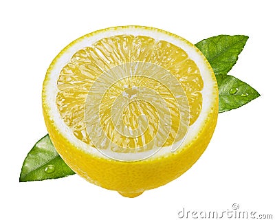 Lemon half with leaves isolated on white Stock Photo