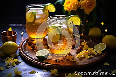 lemon iced tea in mason jars surrounded by diwali lights Stock Photo