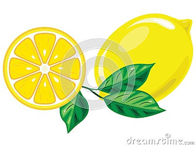 lemon and its slices with leaves isolated on white background Vector Illustration