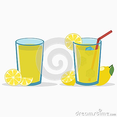 Lemon juice in a glass with lemon slice and half. Natural fresh citrus drink with straw and ice cube. Lemonade. Vector. Vector Illustration