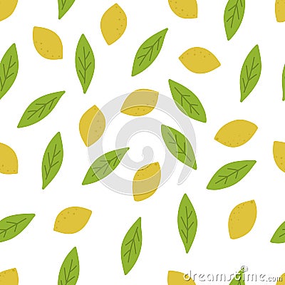 Lemon with leaves seamless pattern. Organic citrus texture. Hand drawn fresh lemon backdrop. Fruit background in pastel Vector Illustration