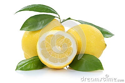 Lemon lemons with leaves fruits isolated on white Stock Photo