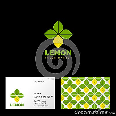 Lemon logo. Fresh market or vegetarian restaurant emblem. Business card. Vector Illustration