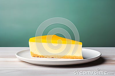 Lemon or mango cheesecake slice with yellow glaze, on a white plate against minimal teal background with copy space Stock Photo