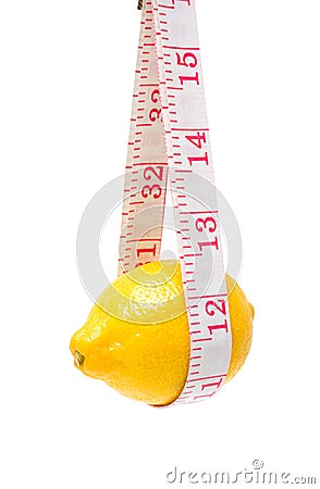 Lemon and measuring tape isolated on white background Stock Photo