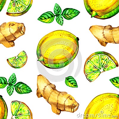 Lemon, mint, ginger watercolor seamless pattern on white background. Stock Photo