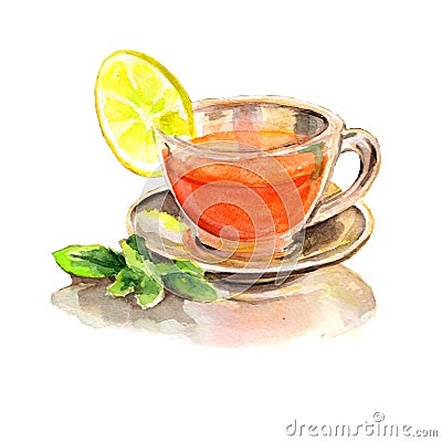 Lemon mint tea in transparent glass cup. Hand drawn watercolor illustration. Cartoon Illustration