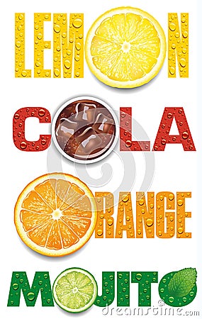 Lemon, orange, mojito, cola text with water drops Stock Photo