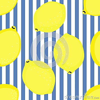 Lemon pattern. Summer fruit vector illustration on blue stripped background. Vector Illustration