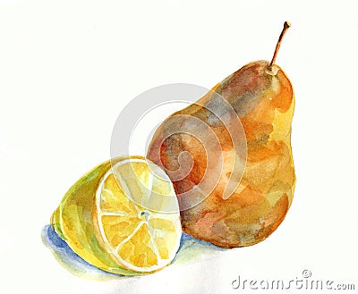 Lemon and pear, watercolor Cartoon Illustration