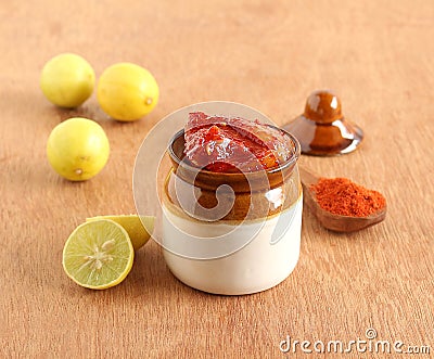 Lemon Pickle in a Ceramic Jar Stock Photo