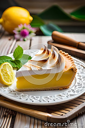 lemon pie with lemon creamy garnish, blur background, mint leaves Stock Photo