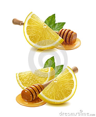 Lemon piece, honey dipper set on white Stock Photo