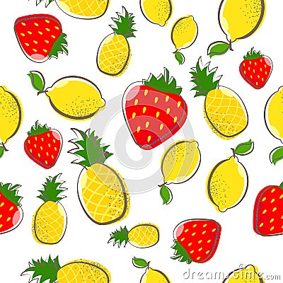 Lemon pineapple strawberry fruit seamless pattern Vector Illustration