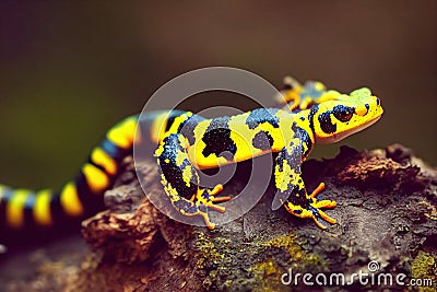 Lemon salamander with striped tail runs on stones in forest. Stock Photo