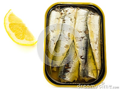 Lemon and sardines isolated on a white background. Set of lemon and canned sardines. Stock Photo
