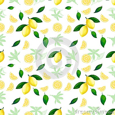 Lemon seamless pattern. Lemons cocktail citrus fruit texture summer yellow fresh repeating vector background Vector Illustration