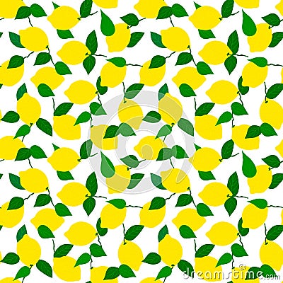 Lemon seamless pattern on white background with green leaves.Suitable for printing on fabric, wrapping paper.Tropical stylized Vector Illustration