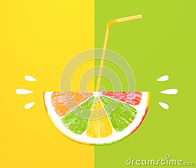 Lemon slice, colored juice with Straw on yellow and green background Stock Photo