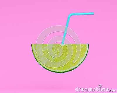 Lemon slice, juice with Straw on pastel pink background. minimal Stock Photo