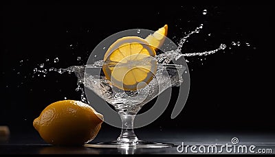 Lemon slice, juicy drop, refreshing drink, splashing citrus fruit generated by AI Stock Photo