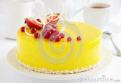 Lemon-strawberry cake mousse. Stock Photo