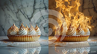 lemon tart with meringue peaks, flames caramelizing the top, on a classic marble countertop Stock Photo