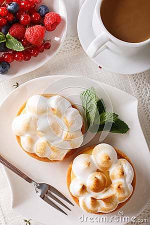 Lemon tartlet with meringue and summer berries close-up. vertica Stock Photo