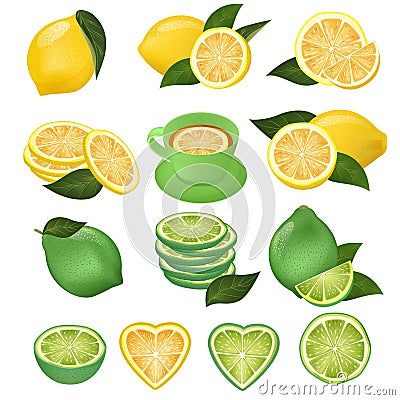 Lemon vector green lime and lemony sliced yellow citrus fruit and fresh juicy lemonade illustration natural set of Vector Illustration